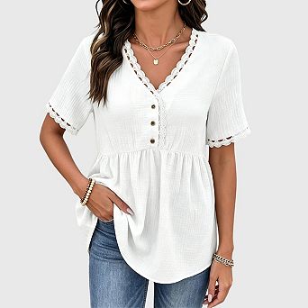 Womens Short Sleeve Babydoll Tops Lace Trim V Neck Tunic Shirts Summer Spring Blouse