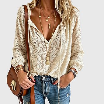 Lace Tops for Women Sheer Long Sleeve Blouses Dressy Casual Shirts Boho Floral Tops