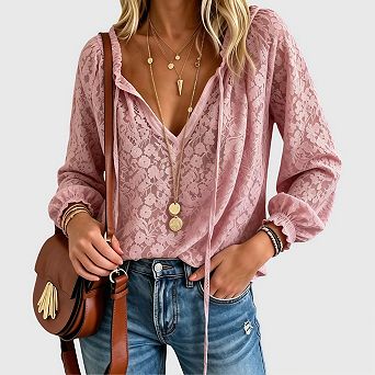 Lace Tops for Women Sheer Long Sleeve Blouses Dressy Casual Shirts Boho Floral Tops