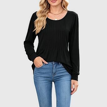 Long Sleeve Pleated Tops for Women Casual Dressy Crew Neck Shirts Loose Fit Trendy Tunics