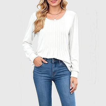 Long Sleeve Pleated Tops for Women Casual Dressy Crew Neck Shirts Loose Fit Trendy Tunics
