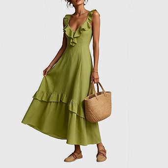 Womens Summer Sleeveless Maxi Dress Casual V Neck Flowy Ruffle Tiered Boho Wedding Guest Beach Dress