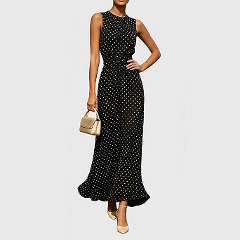 Women's Polka Dot Maxi Tank Dress Sleeveless Crew Neck Flowy Elegant Long Dress