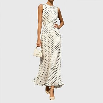 Women's Polka Dot Maxi Tank Dress Sleeveless Crew Neck Flowy Elegant Long Dress