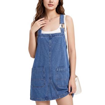 Women Denim Overall Mini Dress Adjustable Shoulder Straps Sleeveless Jean Skirtall with Pockets