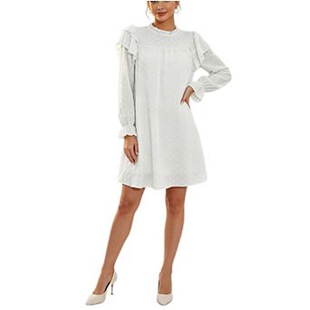 Women's Long Ruffle Sleeve Swiss Dot Mini Dress Casual Chiffon Flowy A Line Tunic Short Dress