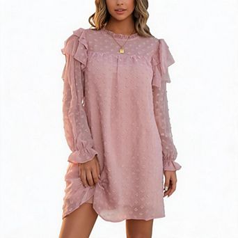 Women's Long Ruffle Sleeve Swiss Dot Mini Dress Casual Chiffon Flowy A Line Tunic Short Dress