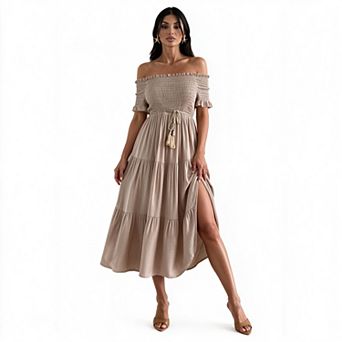 Women's Off Shoulder Smocked Short Sleeve Tassel Tie Tiered Ruffle Midi Dress