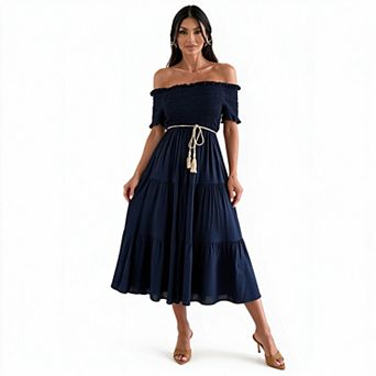Women's Off Shoulder Smocked Short Sleeve Tassel Tie Tiered Ruffle Midi Dress