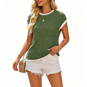 Womens Dressy Ribbed Knit t Shirts Crewneck Short Sleeve Color Block Spring Summer Lounge Tunic Tops