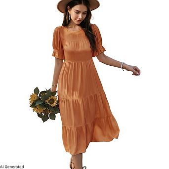Women Casual Puff Short Sleeve Swing Beach Sundress