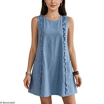Women's Sleeveless Crew Neck Ruffle Trim Casual Loose Fit Sundress with Pockets