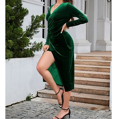 Women's Ruched High Slit Surplice Elegant Formal Cocktail Party Dresses