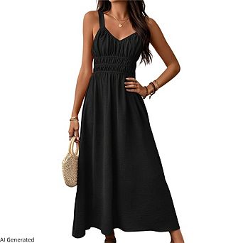 Women's V Neck Sleeveless Smocked Waist Back Bow Flowy A Line Beach Dress