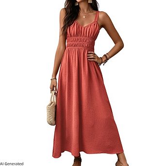 Women's V Neck Sleeveless Smocked Waist Back Bow Flowy A Line Beach Dress