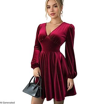 Women's Deep V-Neck Long Sleeve Elegant A Line Cocktail Mini Dress