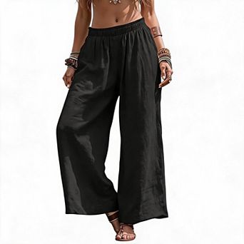 Womens Elastic High Waist Wide Leg Pants Loose Casual Flowy Palazzo Long Trousers