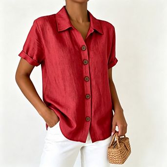 Women Loose Linen Button Down Shirt Summer Blouses