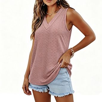 Women Eyelet Tank Tops Sleeveless Shirts v Neck Cute Summer Tees Loose Fit Camisole