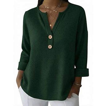 Women Waffle Knit Henley Top Split V Neck Rolled 3/4 Sleeve Button Casual Blouse