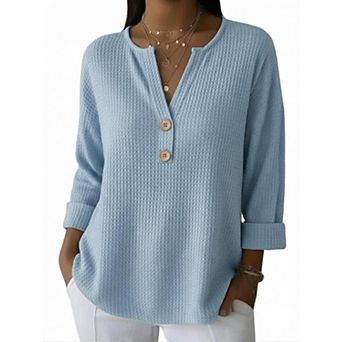 Women Waffle Knit Henley Top Split V Neck Rolled 3/4 Sleeve Button Casual Blouse