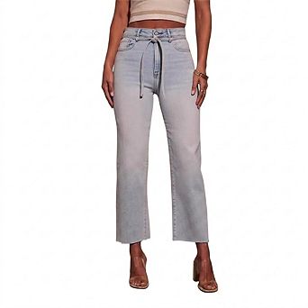 Women's High-Waisted Straight Leg Jeans Tie-Front Belt Light Wash Raw Hem