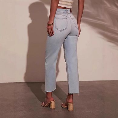 Women's High-Waisted Straight Leg Jeans Tie-Front Belt Light Wash Raw Hem