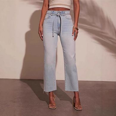 Women's High-Waisted Straight Leg Jeans Tie-Front Belt Light Wash Raw Hem