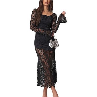 Women's Floral Rosette Lace Bodycon Maxi Dress Sheer Flared Long Sleeve