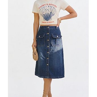 Women's High-Waisted Button-Front Denim Midi Skirt Cargo Pocket A-Line Jean Skirt
