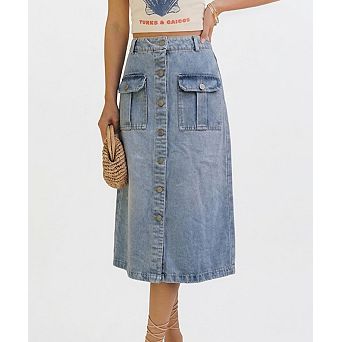 Women's High-Waisted Button-Front Denim Midi Skirt Cargo Pocket A-Line Jean Skirt