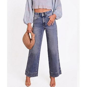 Women's High-Waisted Straight Leg Jeans Double Button Wide Hem Denim Pants
