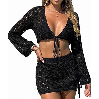 Women's 2 pc Crochet Beach Cover-Up Set Long Bell Sleeve Tie-Front Top Skirt
