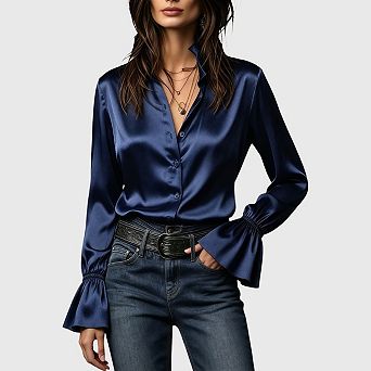Satin Silk Blouses for Women Ruffle Long Sleeve Button Down Shirts Business Casual Tops