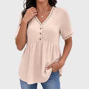 Womens Short Sleeve Babydoll Tops Lace Trim V Neck Tunic Shirts Summer Spring Blouse