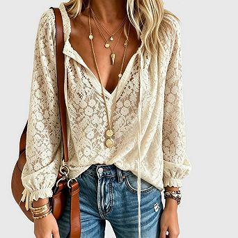 Lace Tops for Women Sheer Long Sleeve Blouses Dressy Casual Shirts Boho Floral Tops