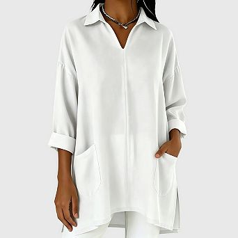 Womens Oversized Blouses Collared V Neck Long Sleeve Loose Flowy Shirts