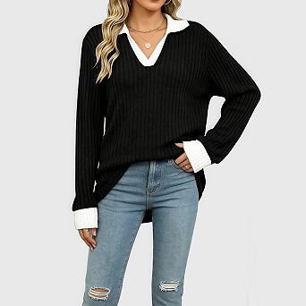 Women's Long Sleeve Contrast Collared Shirts Patchwork Work Blouse Tunics Tops