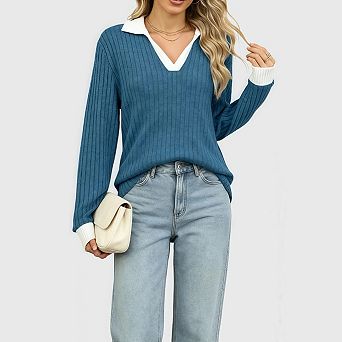 Women's Long Sleeve Contrast Collared Shirts Patchwork Work Blouse Tunics Tops