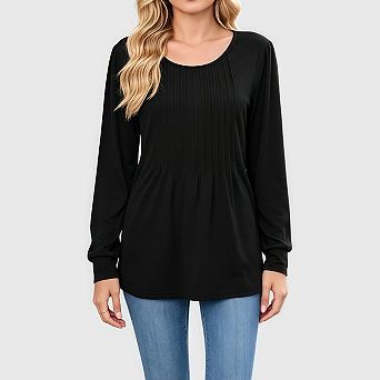 Long Sleeve Pleated Tops for Women Casual Dressy Crew Neck Shirts Loose Fit Trendy Tunics