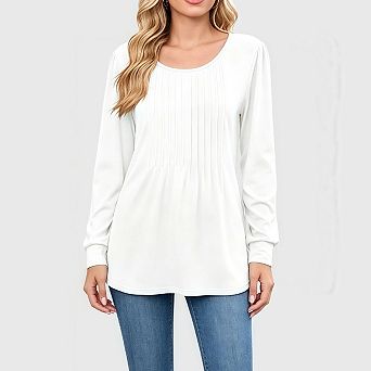 Long Sleeve Pleated Tops for Women Casual Dressy Crew Neck Shirts Loose Fit Trendy Tunics