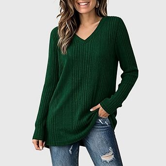 V Neck Long Sleeve Shirts for Women Casual Fall Loose Fit Lightweight Sweaters Tunic Tops