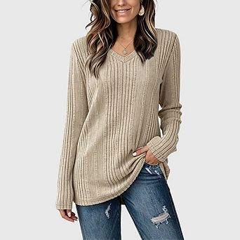V Neck Long Sleeve Shirts for Women Casual Fall Loose Fit Lightweight Sweaters Tunic Tops