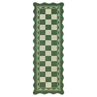 Area Rug Scalloped Checkered Area Rug Soft Washable Low Pile Carpet for Living Room Bedroom