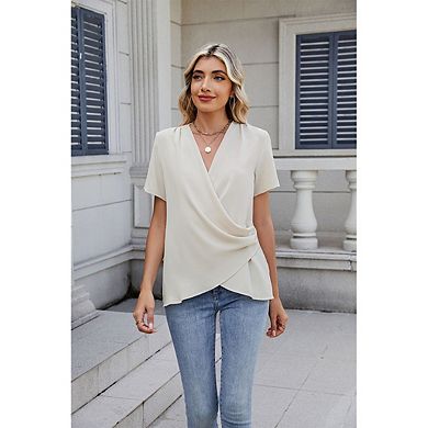 Women Top Wrap V Neck Side Twist Short Sleeve Irregular Hem Office Blouse