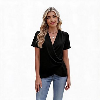 Women Top Wrap V Neck Side Twist Short Sleeve Irregular Hem Office Blouse