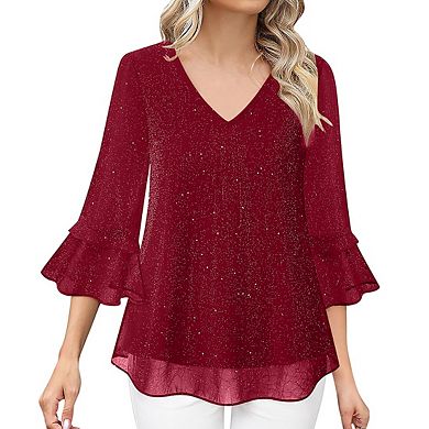 Women Top V Neck Glitter Mesh Double Layer Three Quarter Sleeve Party Blouse
