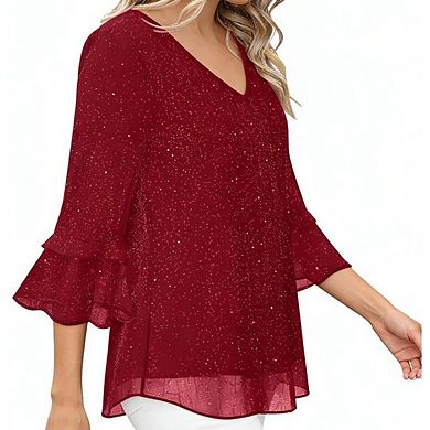 Women Top V Neck Glitter Mesh Double Layer Three Quarter Sleeve Party Blouse