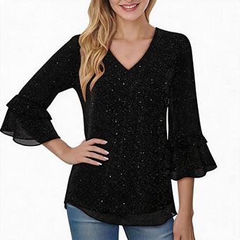 Women Top V Neck Glitter Mesh Double Layer Three Quarter Sleeve Party Blouse