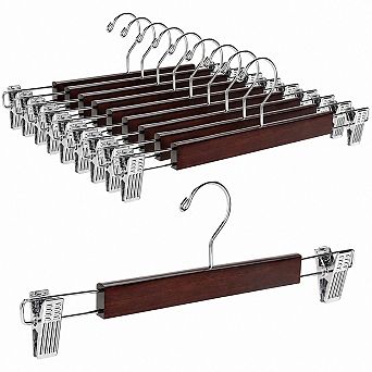 10 Pack Solid Walnut Wooden Pants Hangers with Adjustable Anti Rust Clips